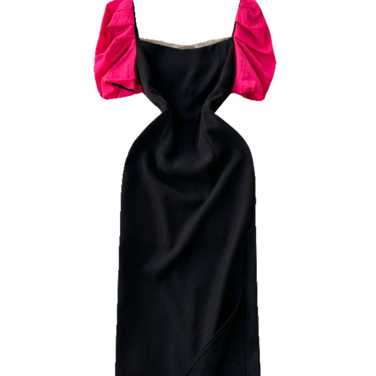 Rose Red Puffy Sleeve Black Dress