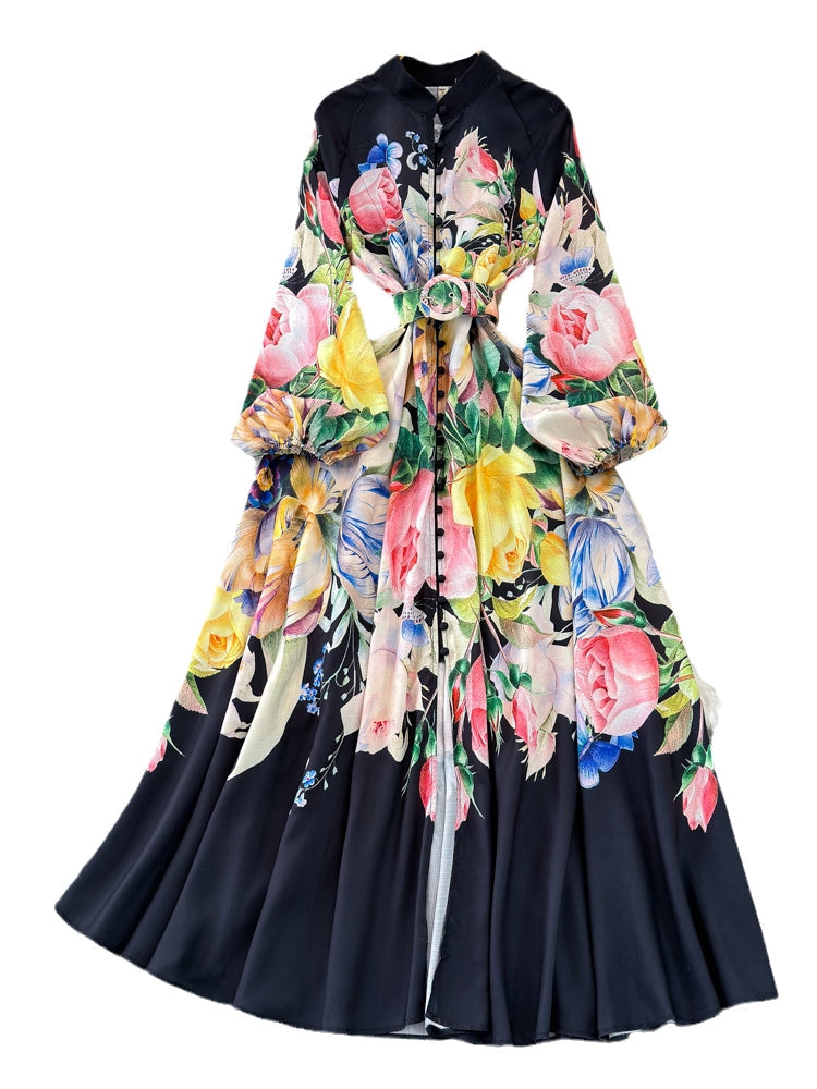 Courtly Single-breasted Floral Shirt Dress