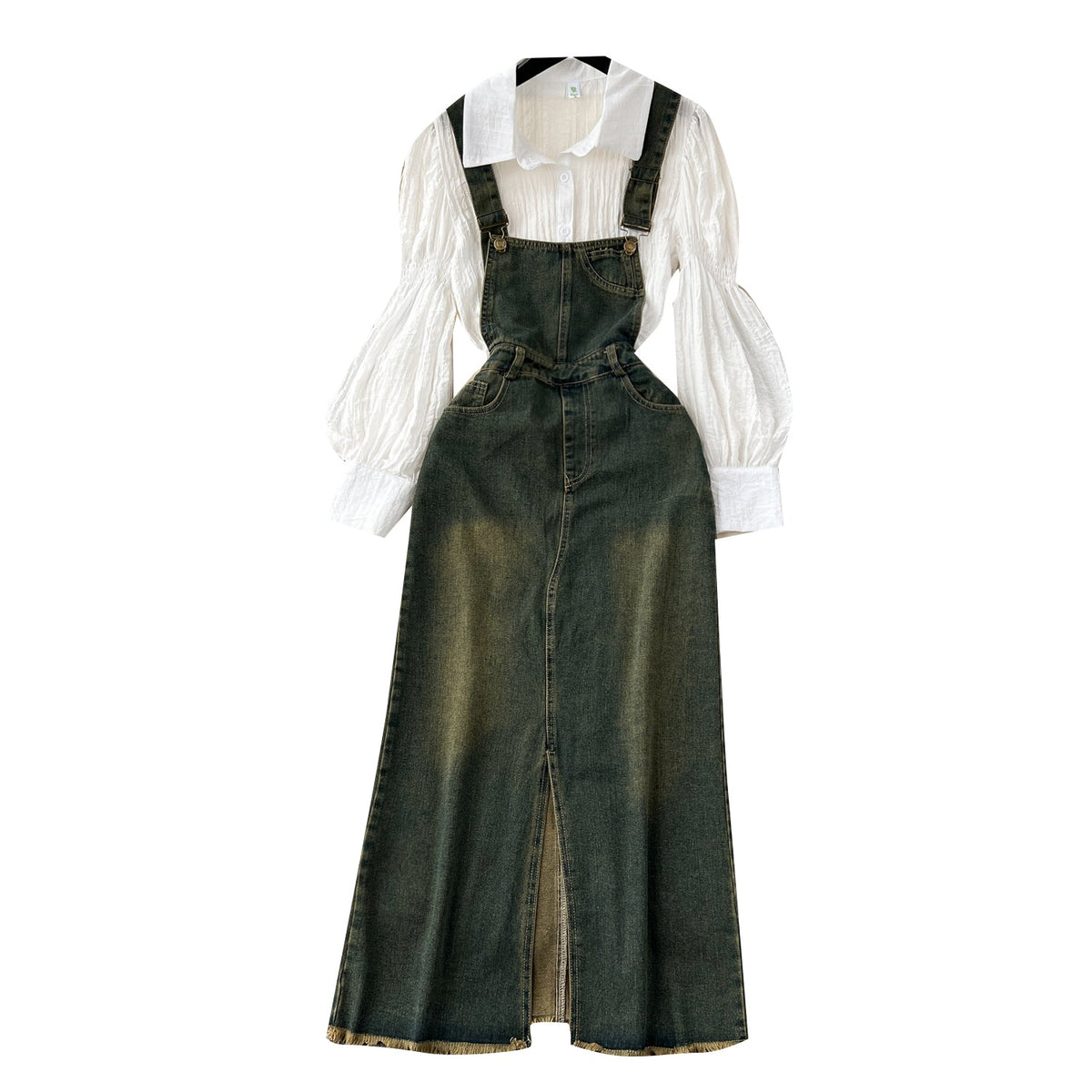 Strappy Denim Dress&White Shirt 2Pcs