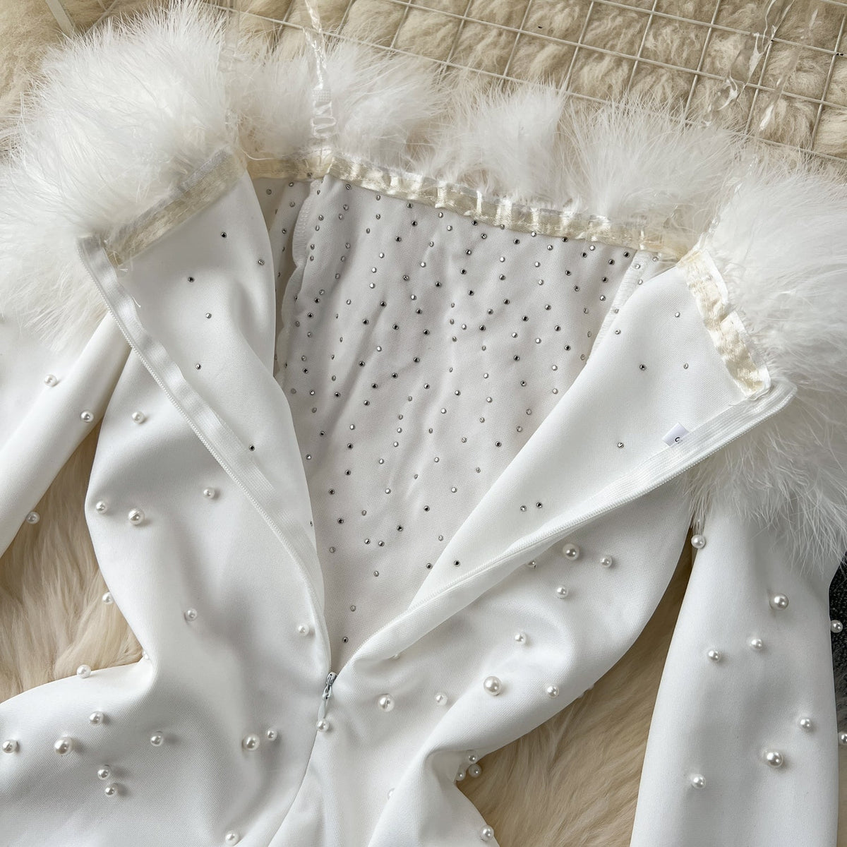 Furry Off-shoulder Beaded Party Dress