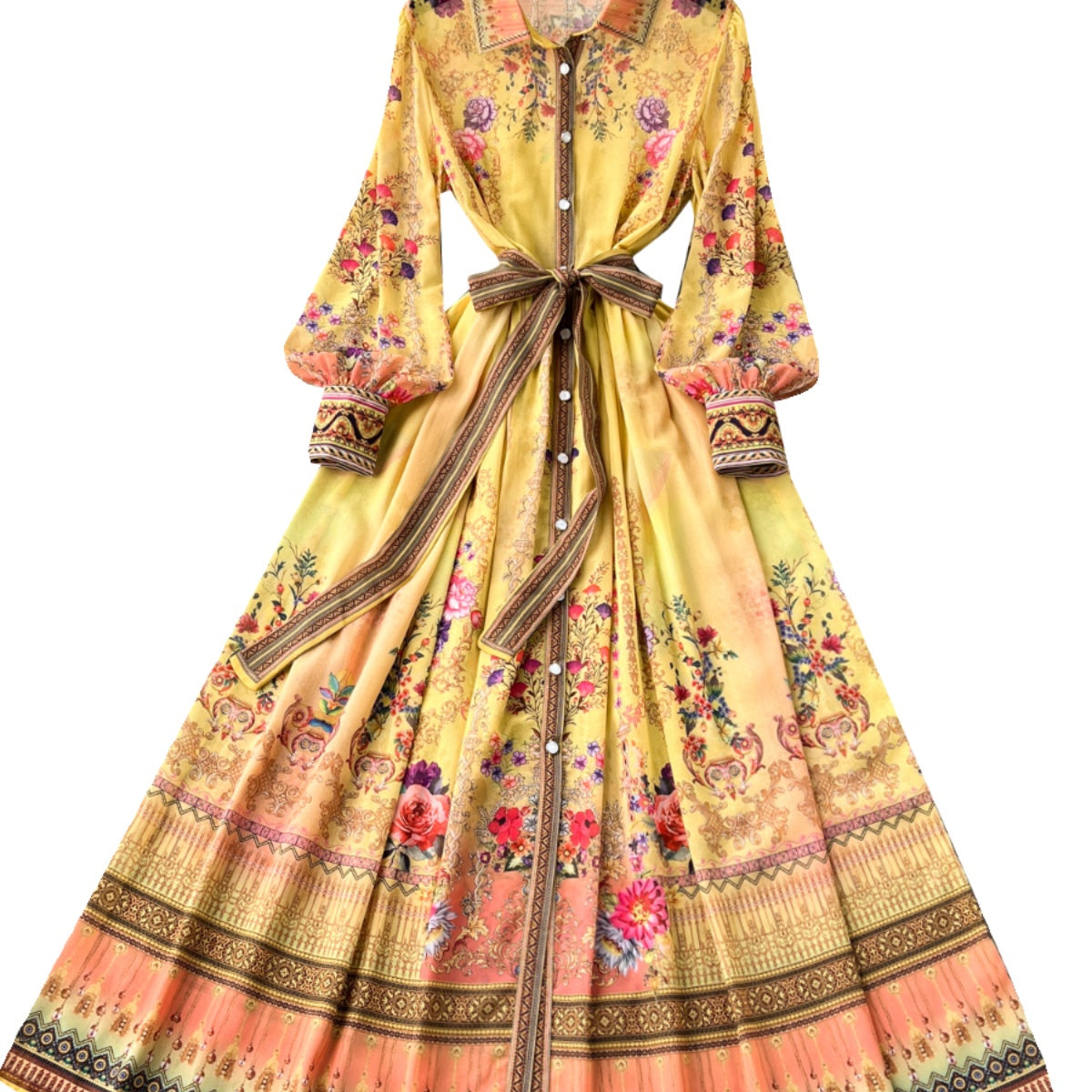 Vintage Lace-up Printed Shirt Dress