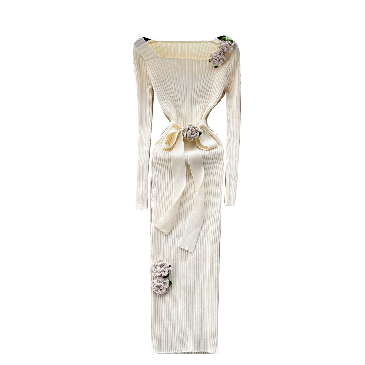 3d Floral Pit-stripe Stretchy Knitted Dress