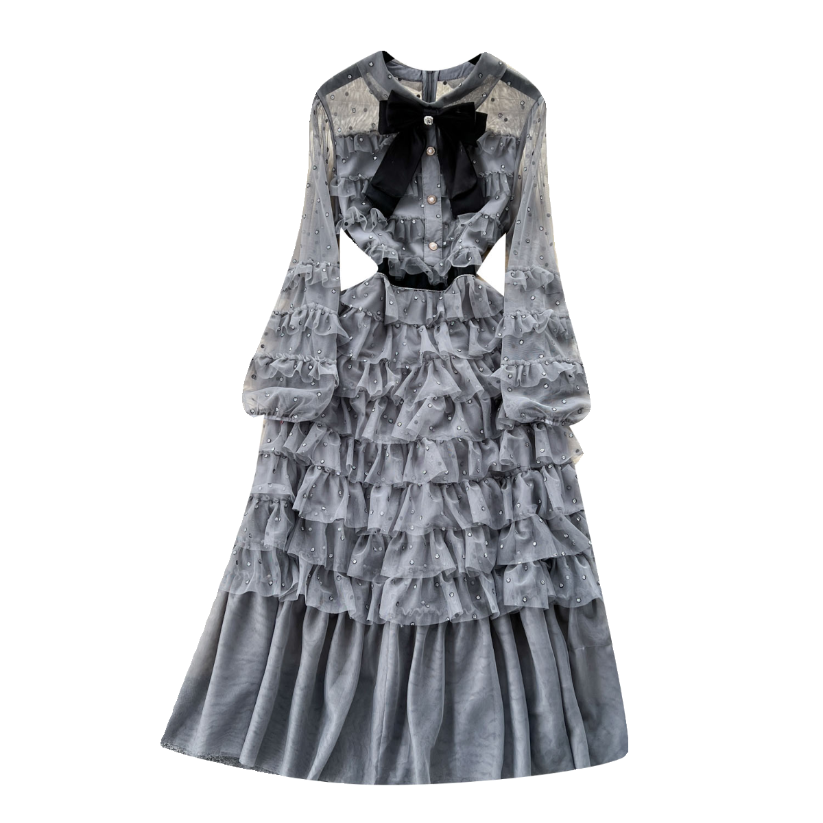 Bow-tie Beaded Layered Mesh Dress