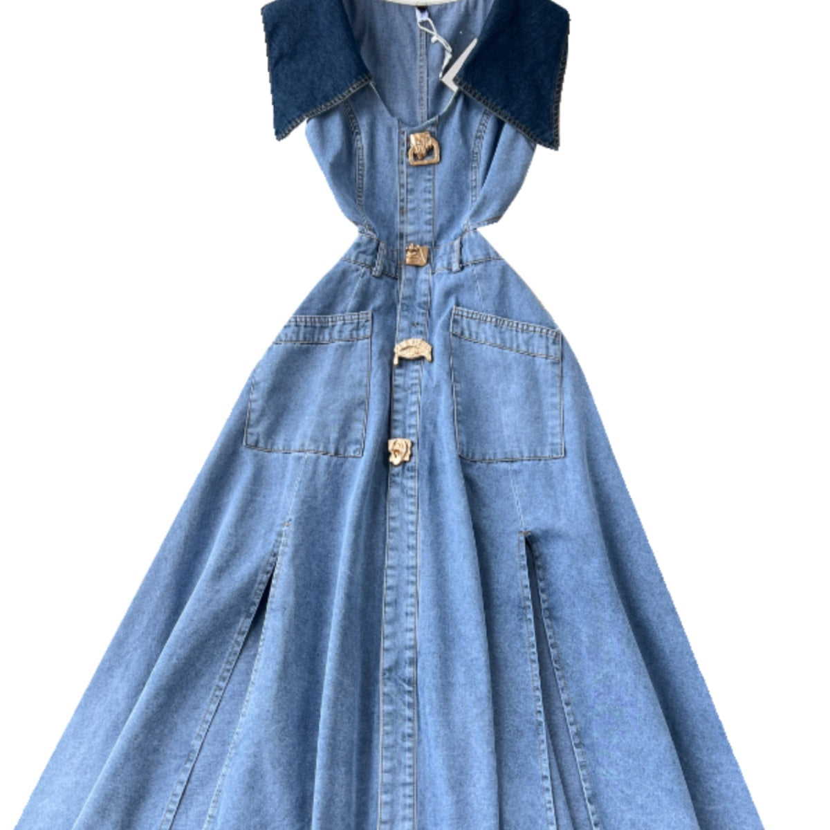 Navy Collar Sleeveless Hollowed Denim Dress