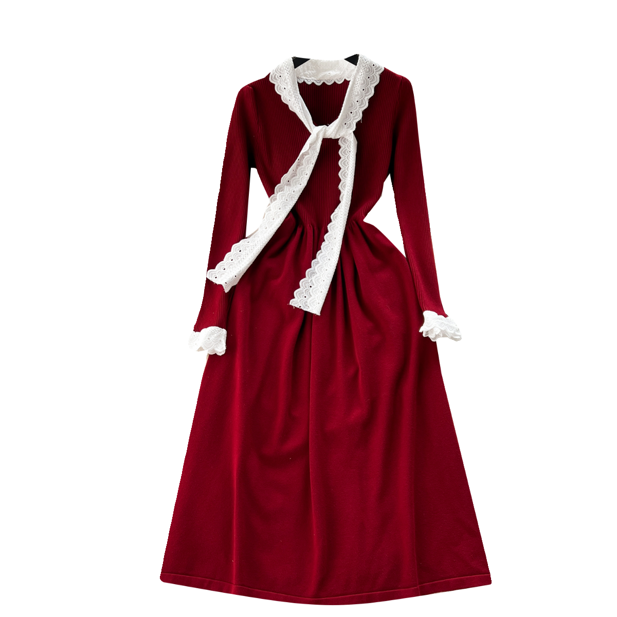 Color Blocking Bow-tie Collar Knitted Dress