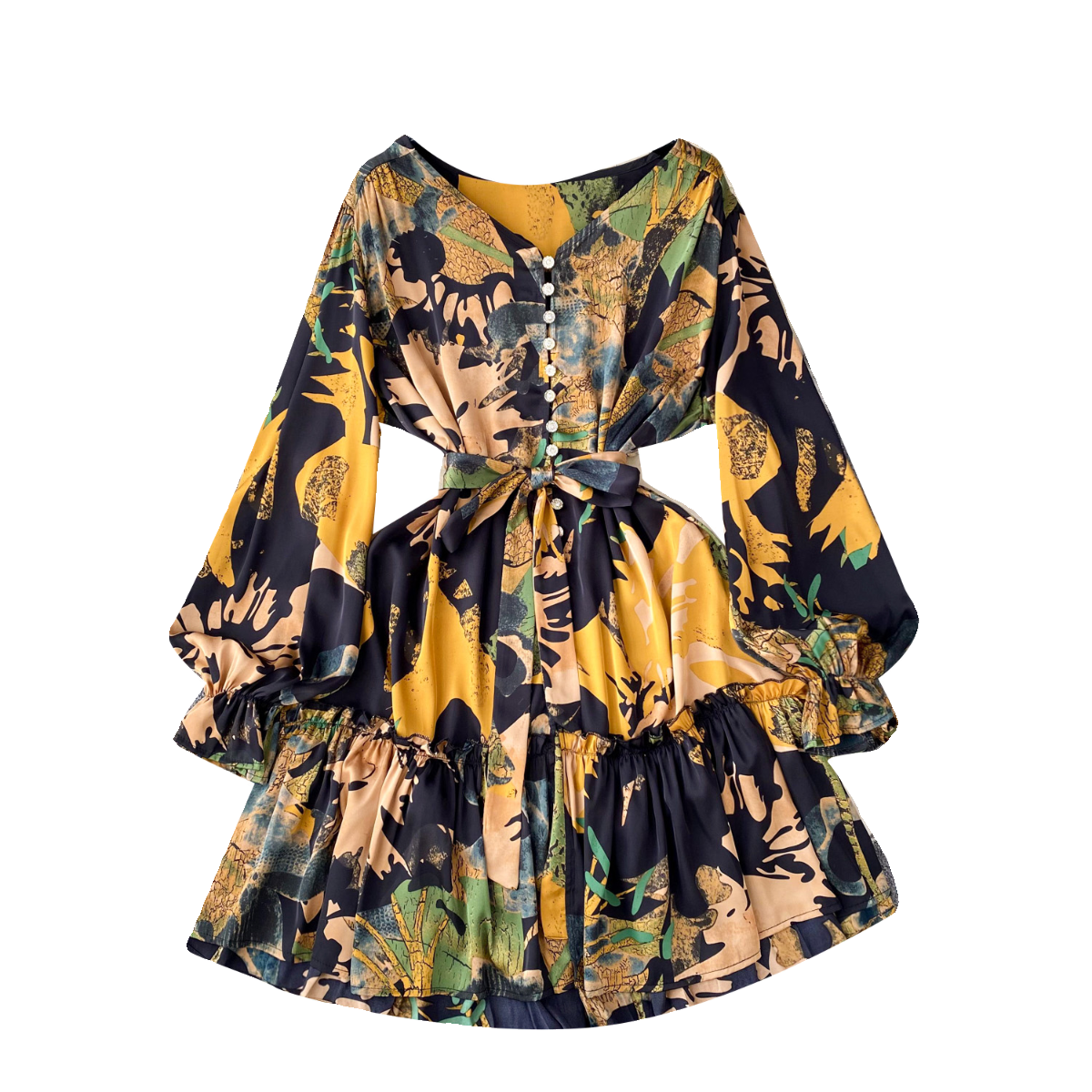 Elegant Lace-up Draped Printed Dress
