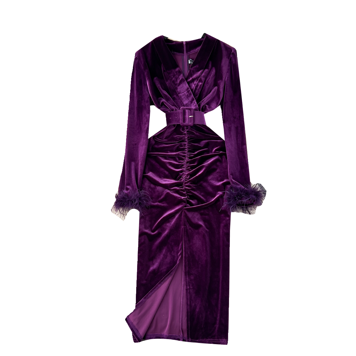 V-neck Slim-fitting Suede Split Dress