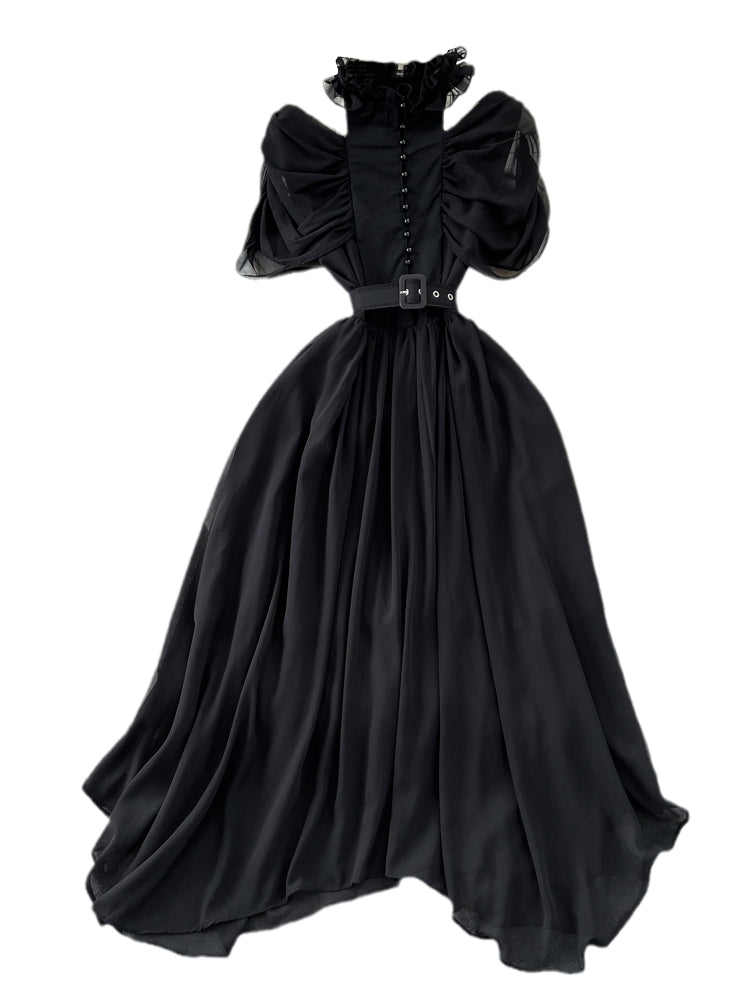 Stand collar Ruffled Chiffon Dress