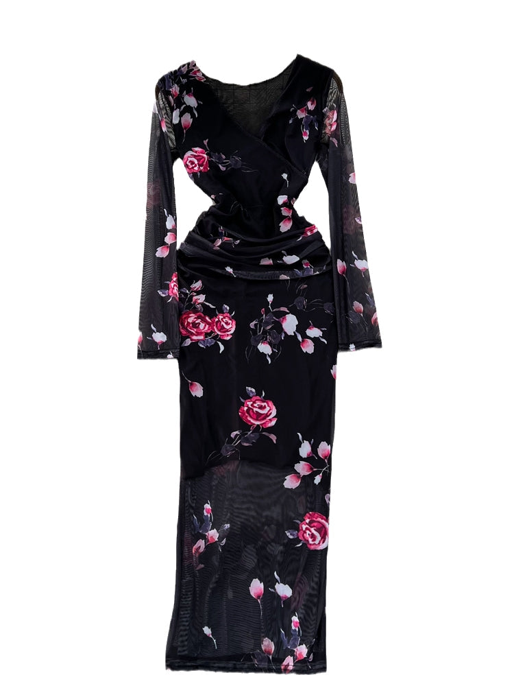 V-neck Floral Printed Mesh Dress