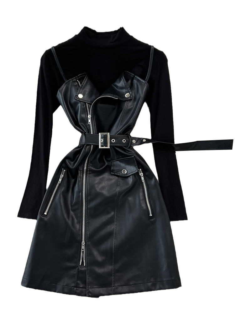 PU Slip Dress&Black Sweater 2Pcs