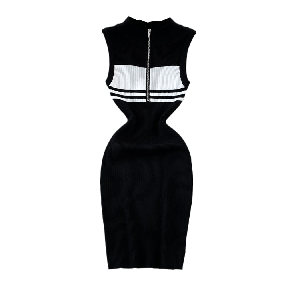 Polo Collar Striped Zipped Knitted Dress