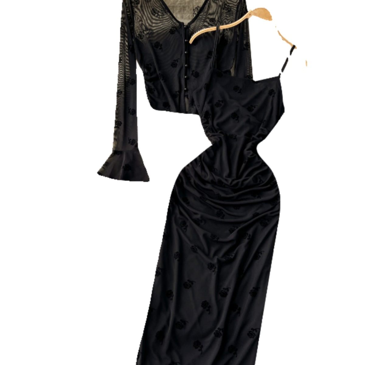 Printed Cardigan & Slip Dress Black 2Pcs