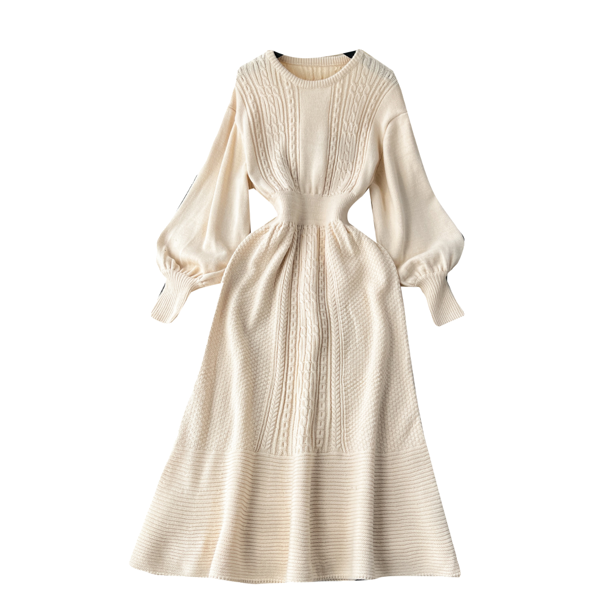 Round Collar Puffy Sleeve Knitted Dress