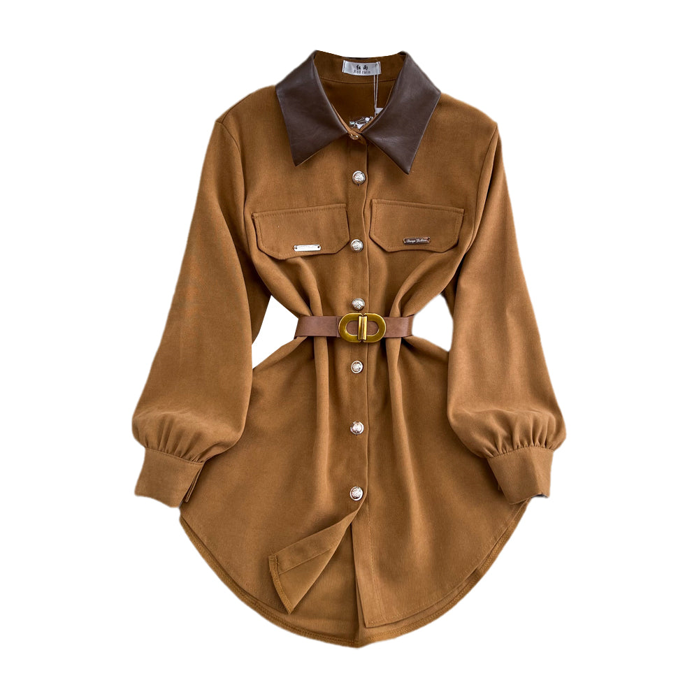 Lapeled Corduroy PU Patchwork Dress