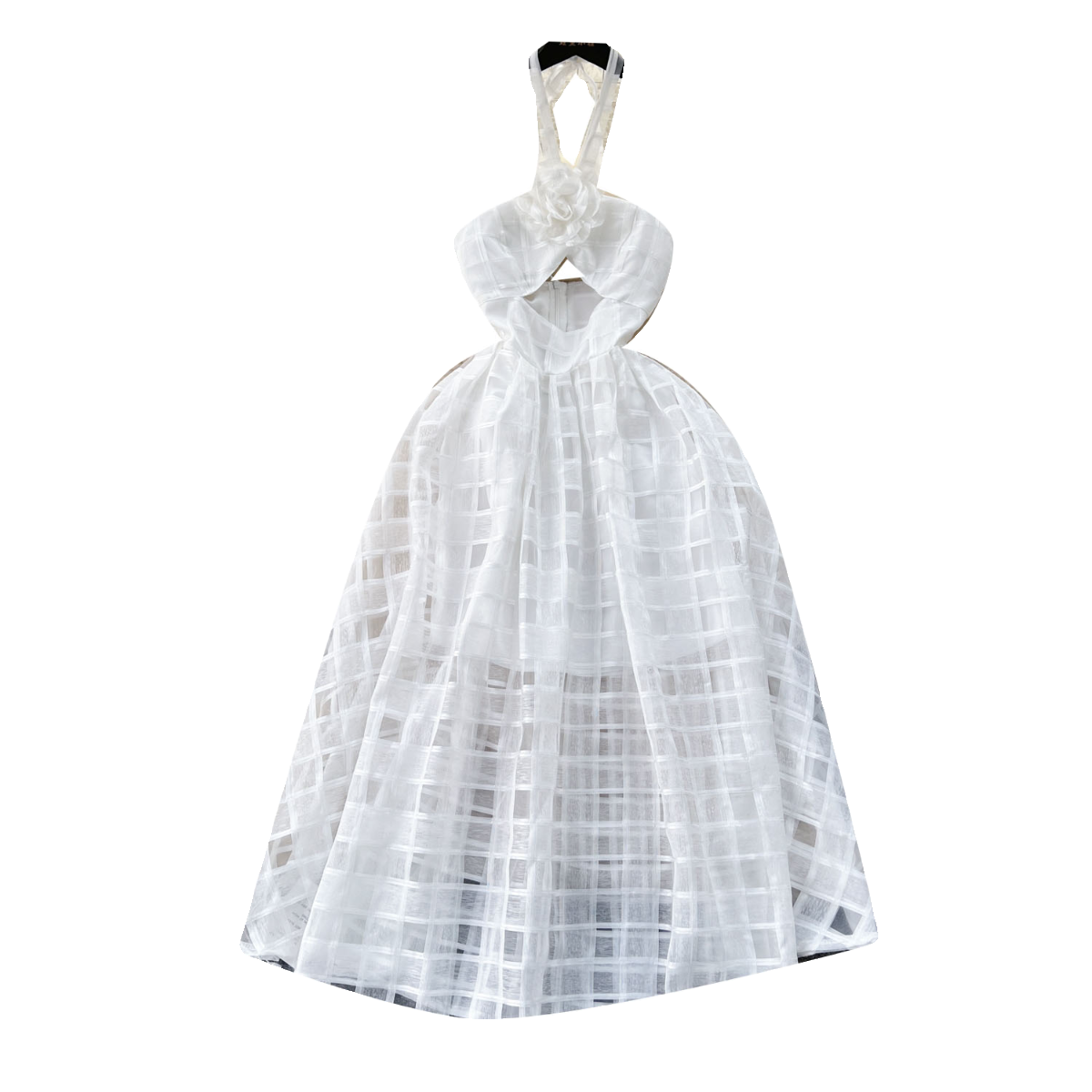 Hollowed Plaid White Halter Dress