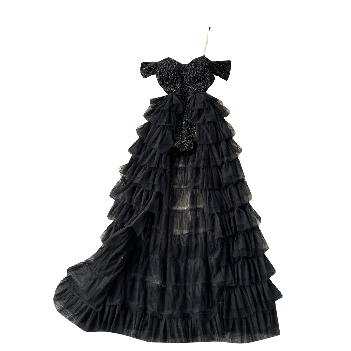 Sequined Off-shoulder Layered Mesh Dress