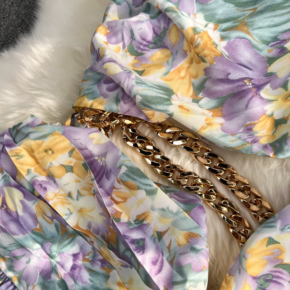 One-shoulder Slant Neckline Floral Dress