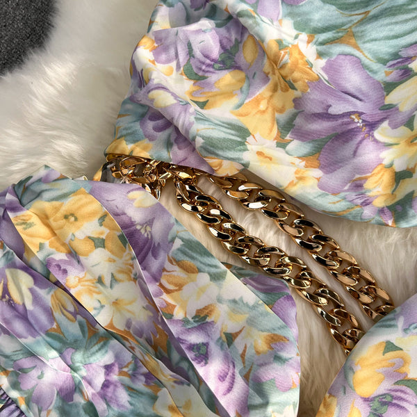 One-shoulder Slant Neckline Floral Dress