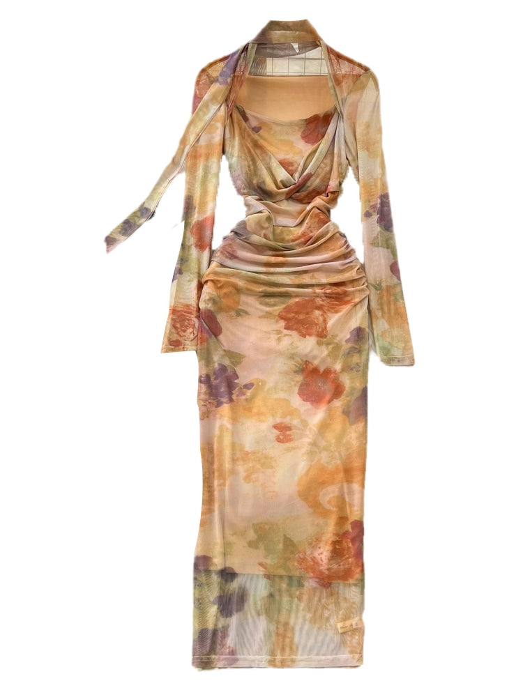 French Style Tie-dye Mesh Dress