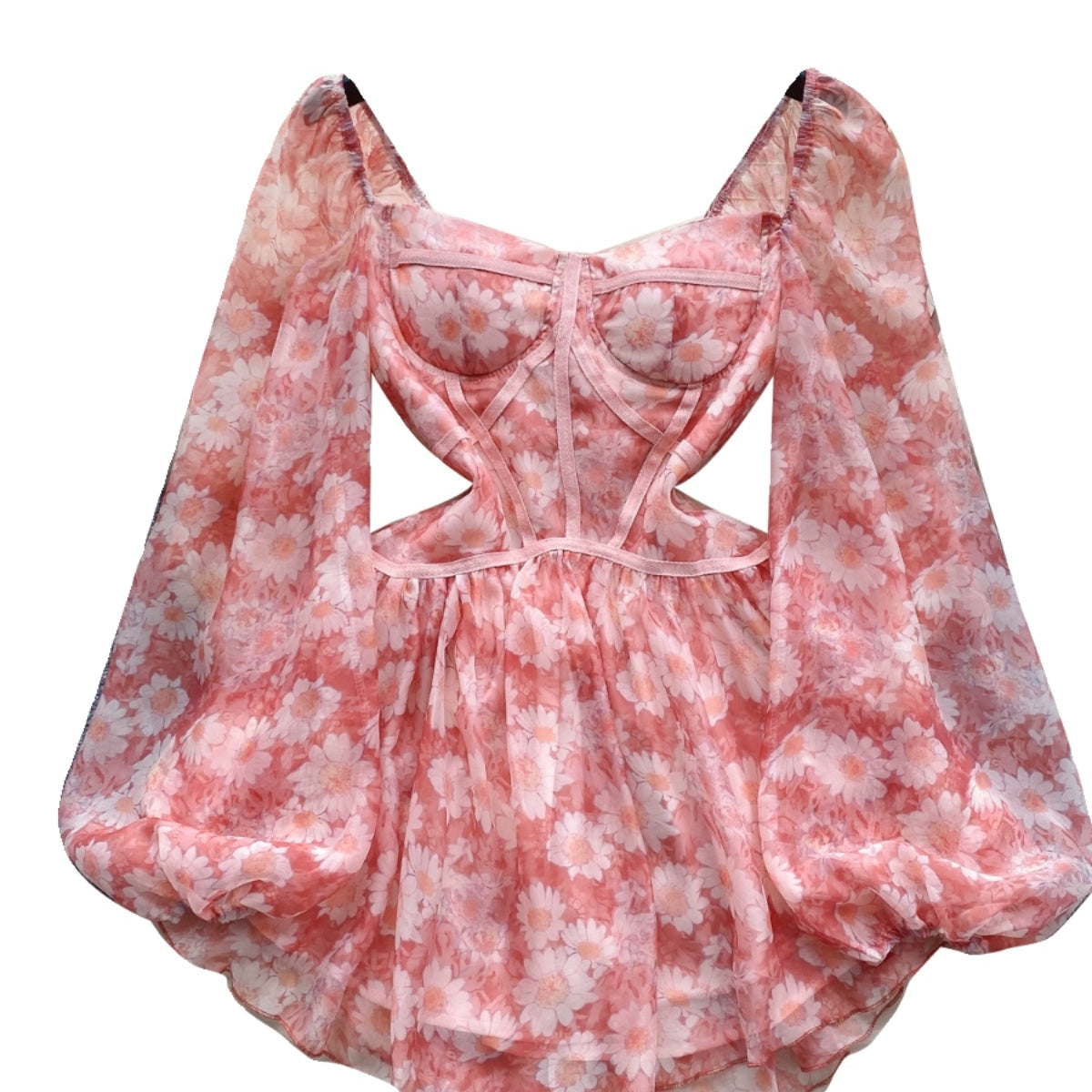 Daisy Printed Puffy Sleeve Floral Dress