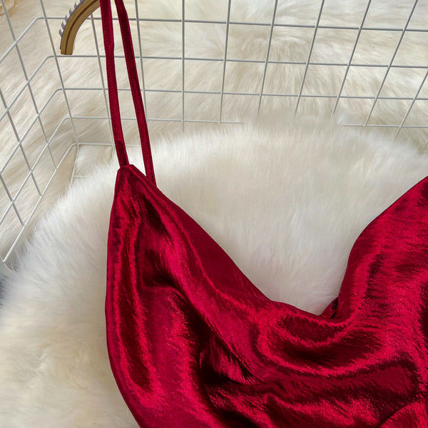 Vintage Draped Glossy Red Slip Dress
