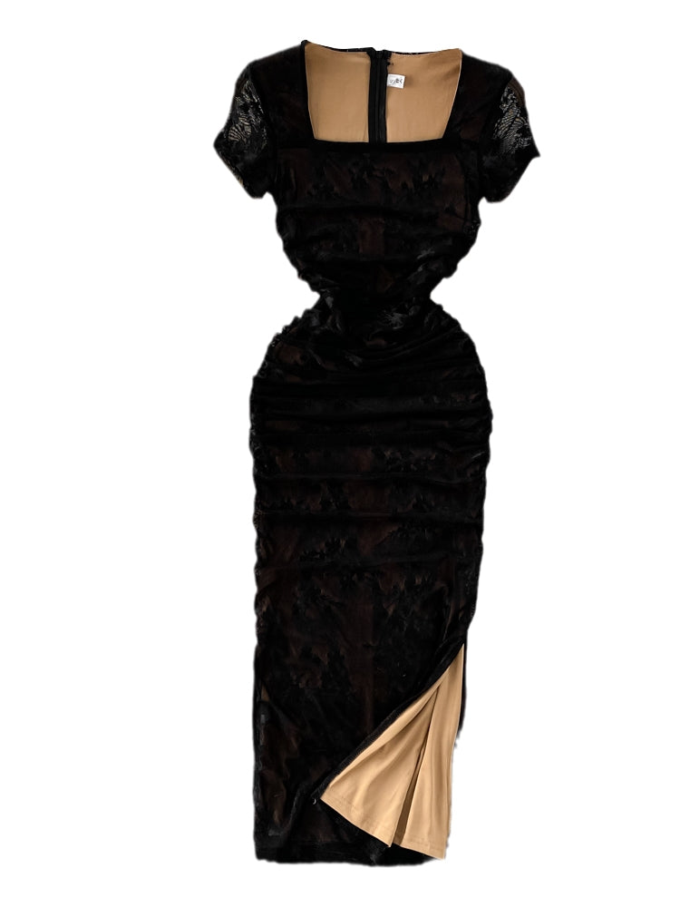 Square Collar Lace Patchwork Black Dress