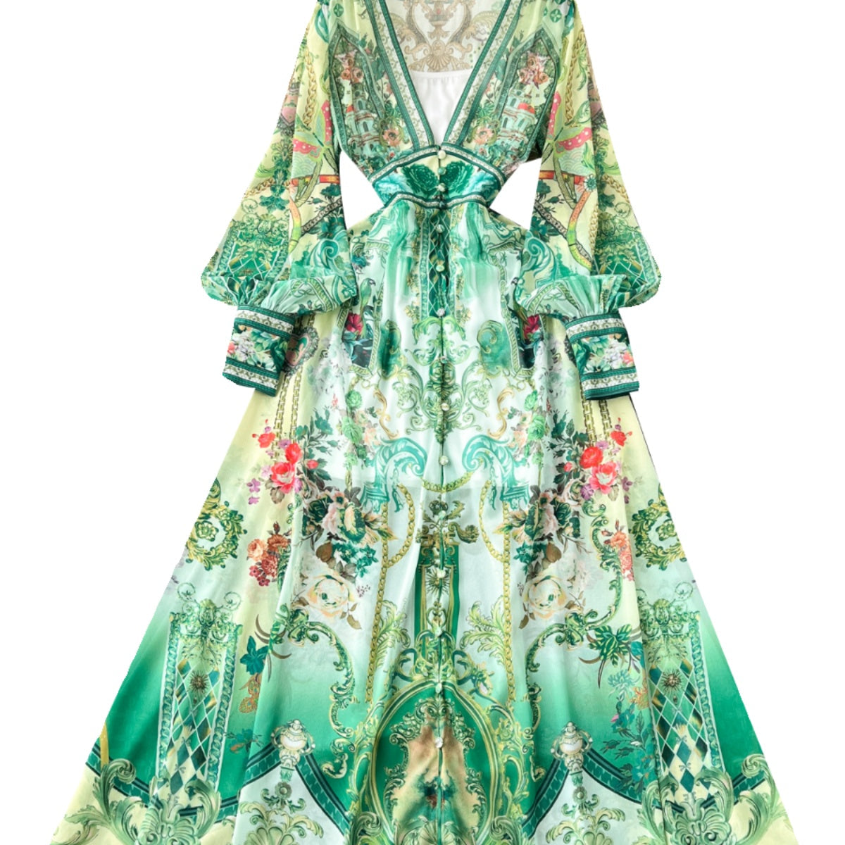 Deep V-neck Puffy Sleeve Floral Dress