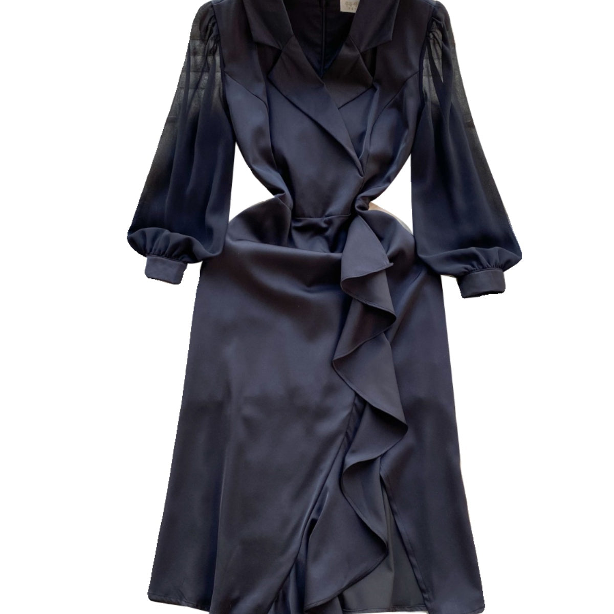 Suit Collar Ruffled Black Dress