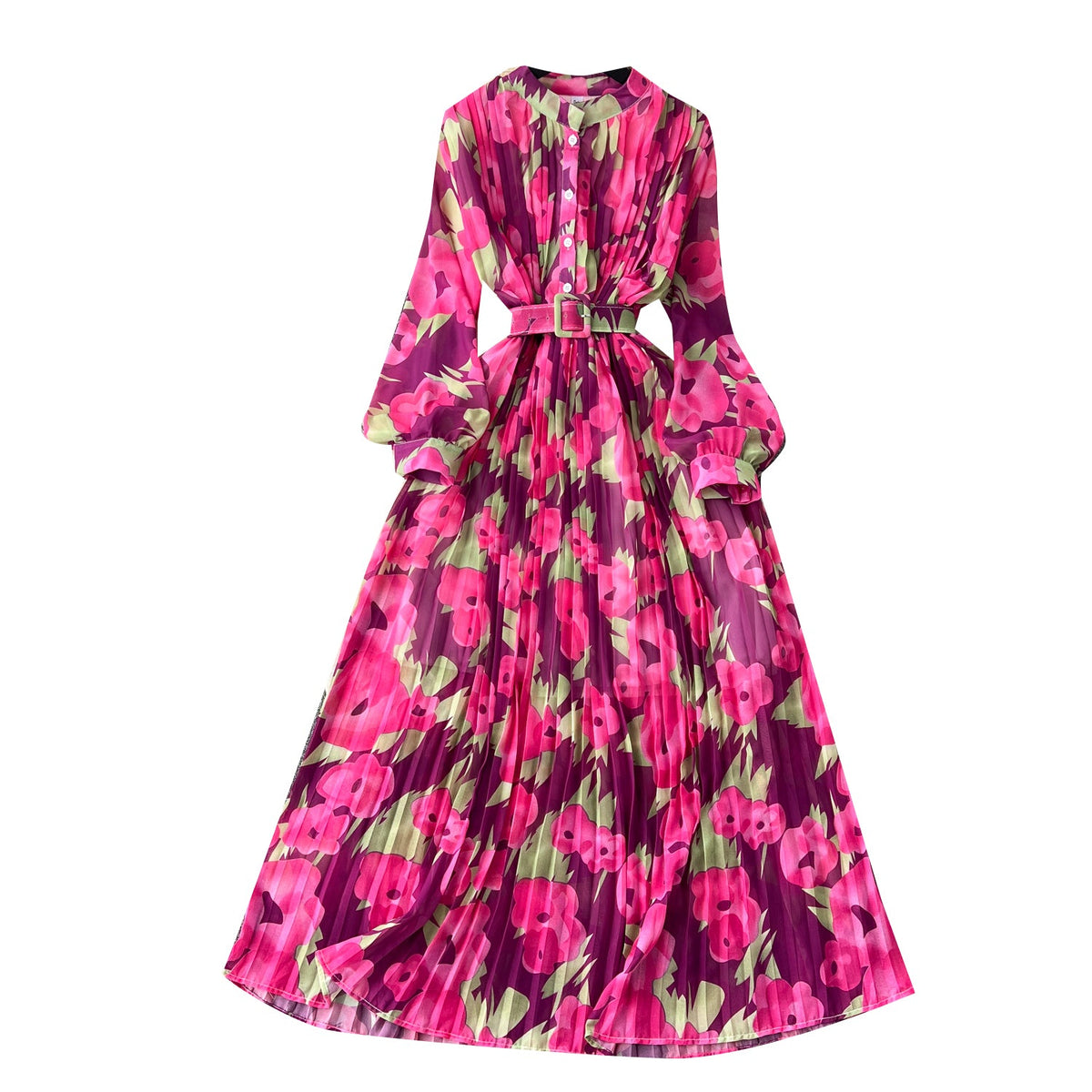 Pleated Floral Printed Shirt Dress