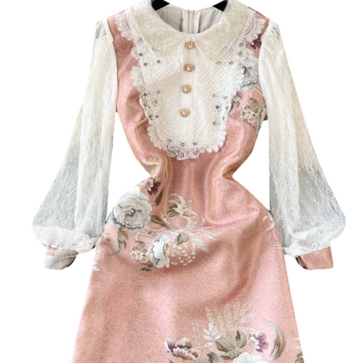 Courtly Lapeled Lace Floral Dress