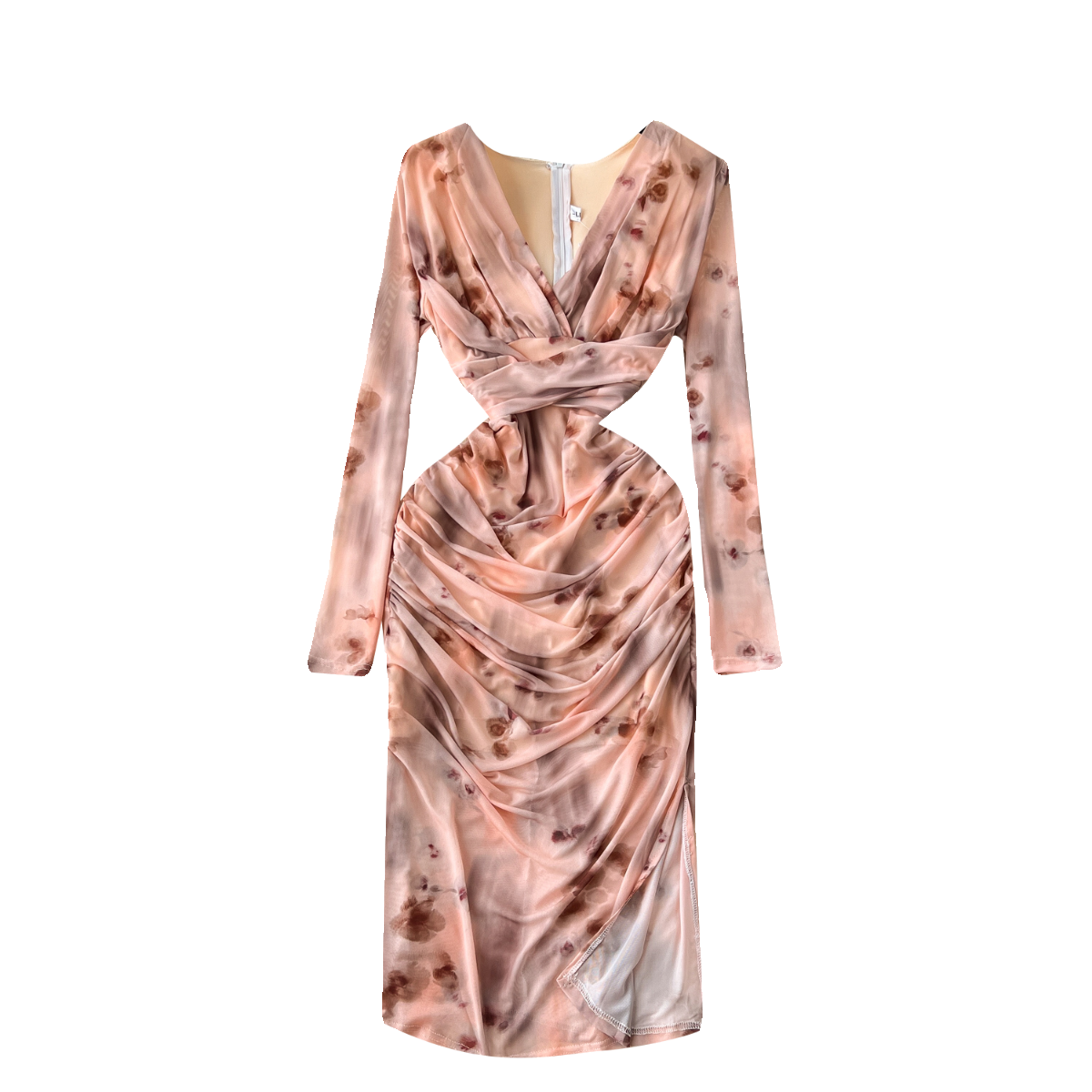 V-neck Pleated Tie-dye Printed Dress
