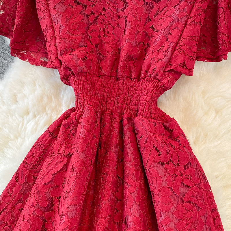 V-neck Floral Embroidered Lace Dress