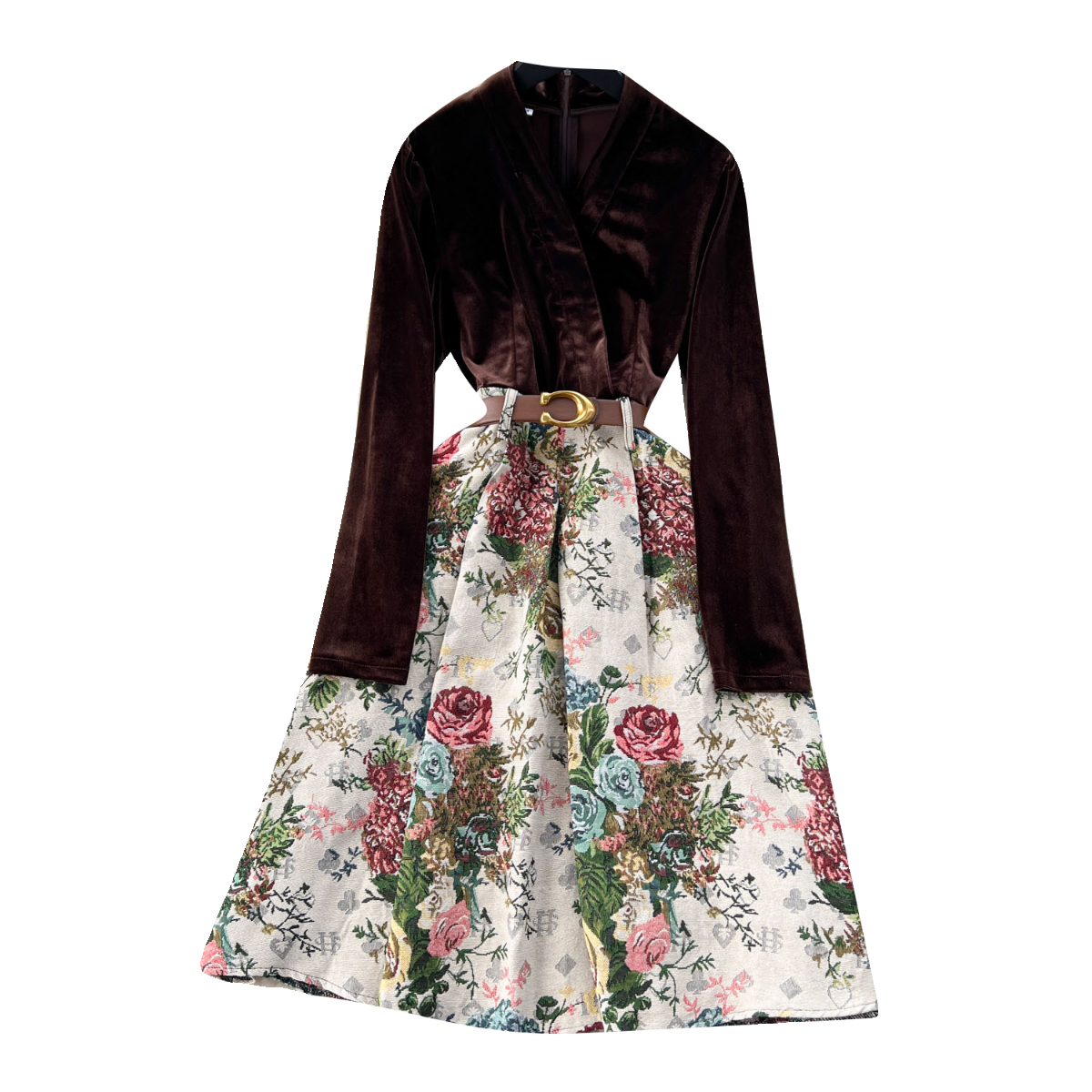 Courtly Gold Velvet Jacquard Floral Dress