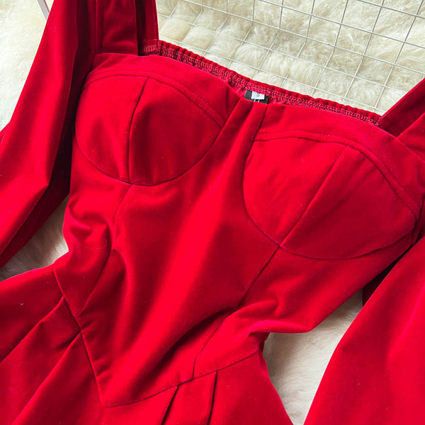 Square Collar Solid Suede Dress