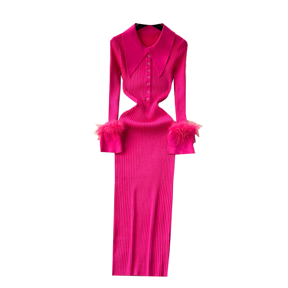 Lapel Furry Cuff Knitted Dress