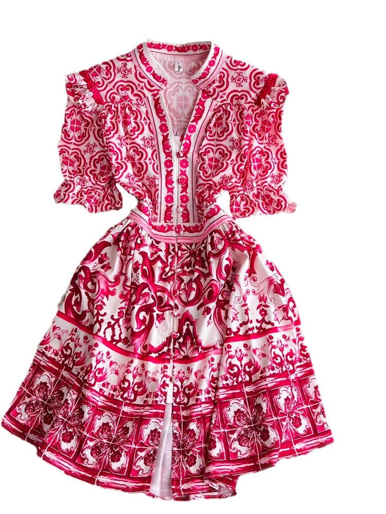 Ethnic V-neck Celadon Printed Shirt Dress