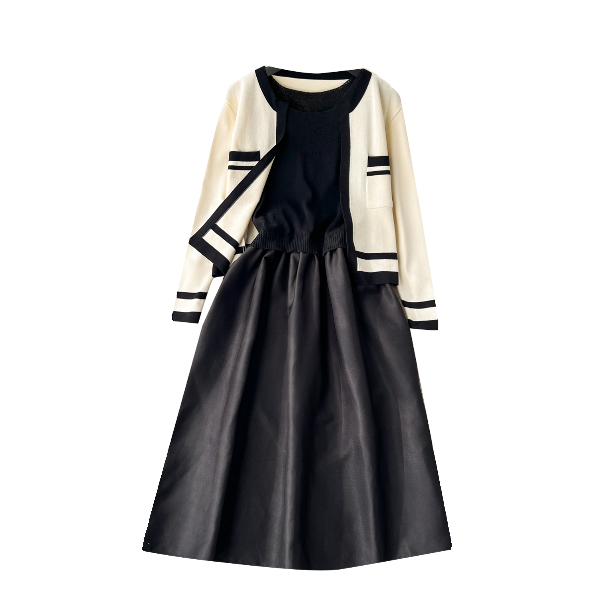 Cardigan&Slip Dress Color Blocking 2Pcs