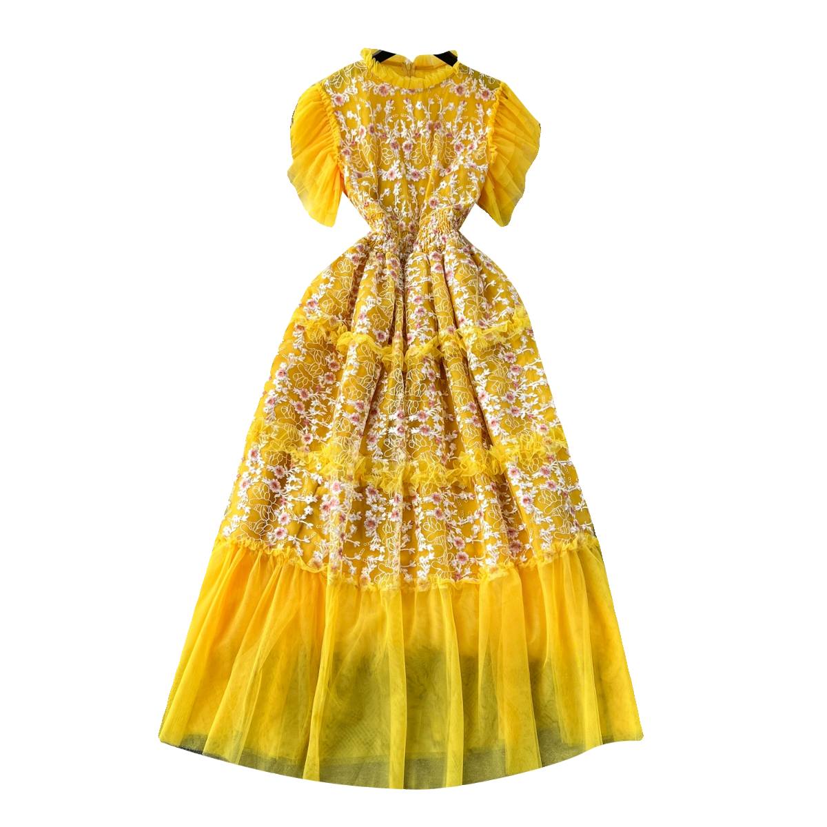 Lace Patchwork Mesh Floral Puffy Dress