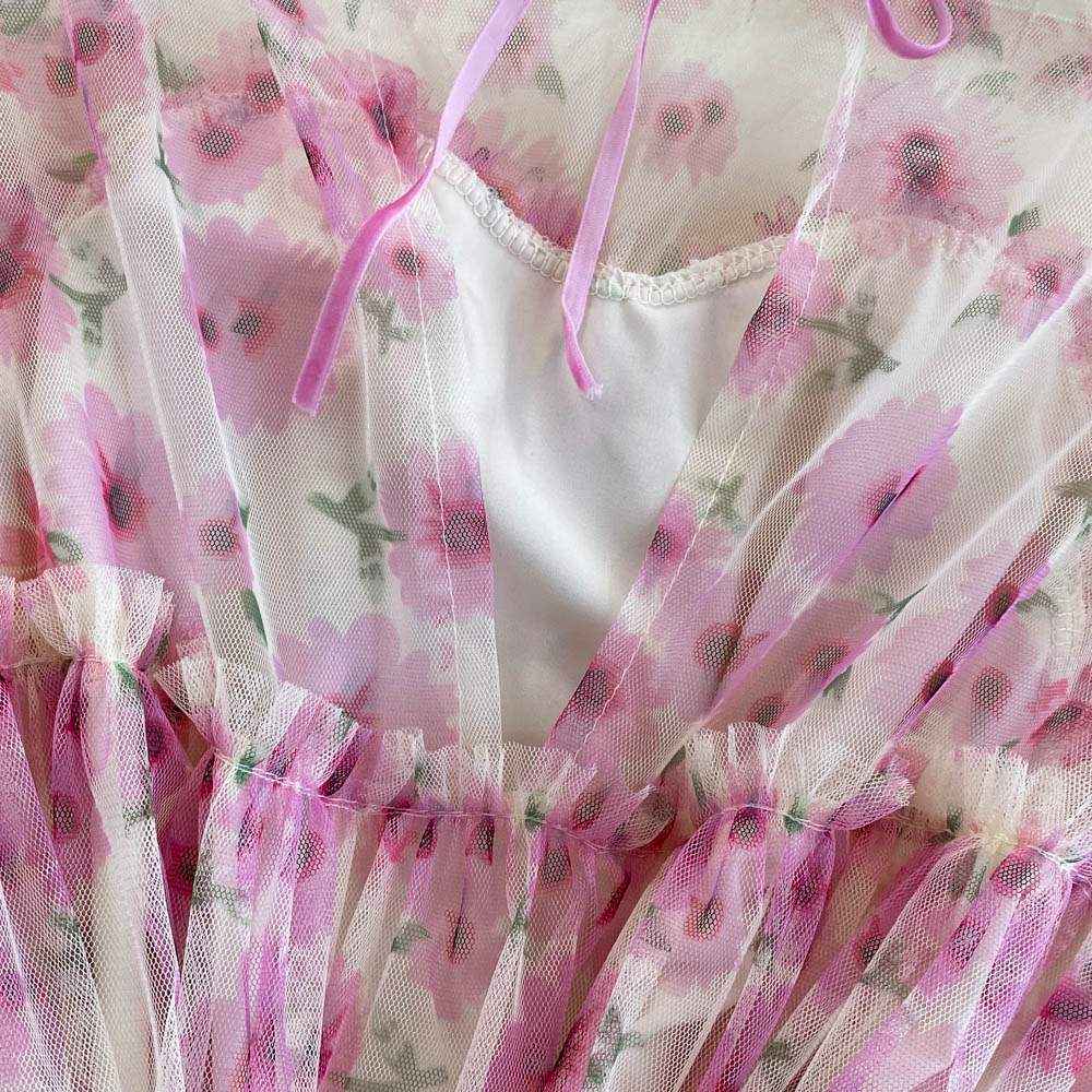 High-end Flared Sleeve Mesh Print Dress