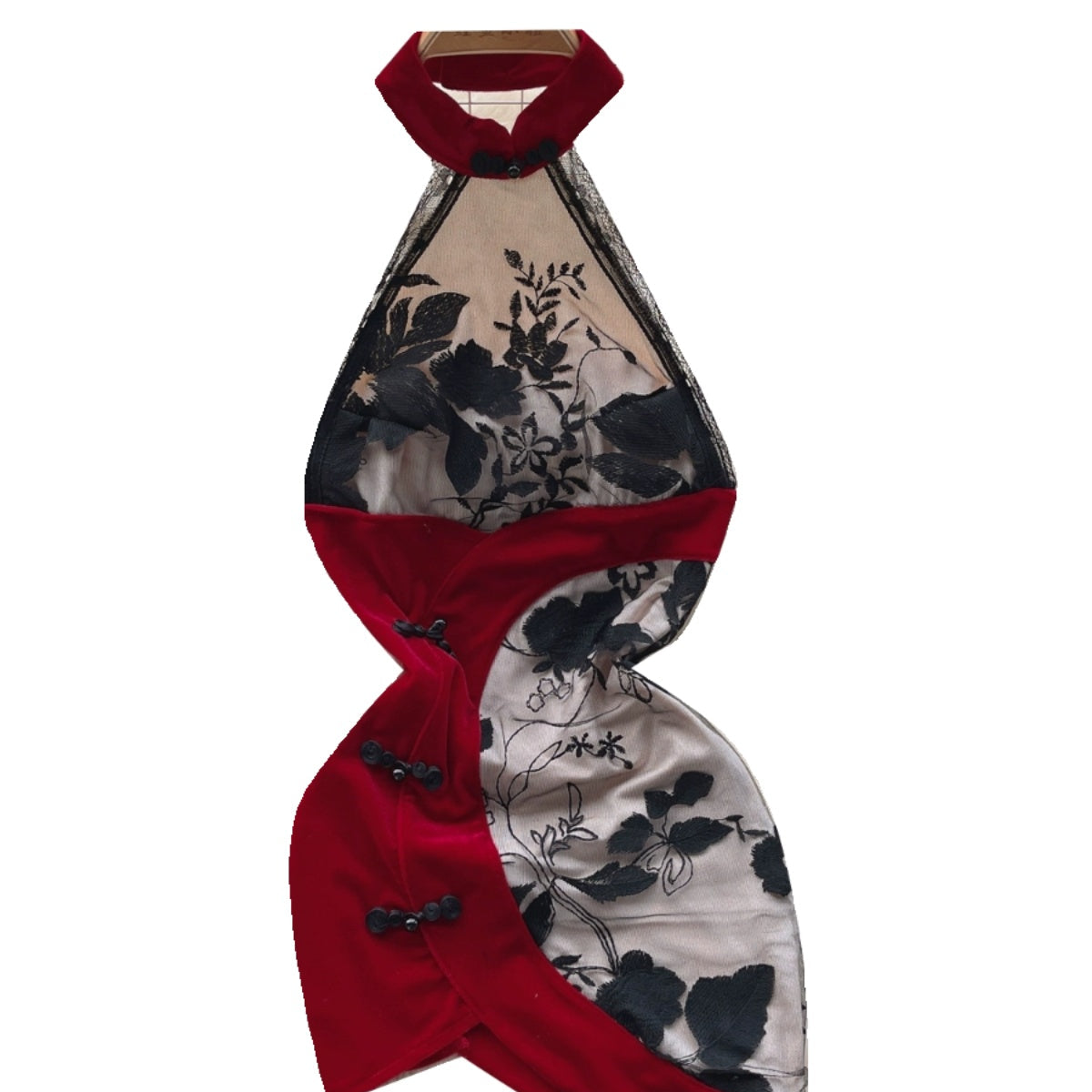 Çiçekli Nakışlı Dantel Cheongsam Elbisesi