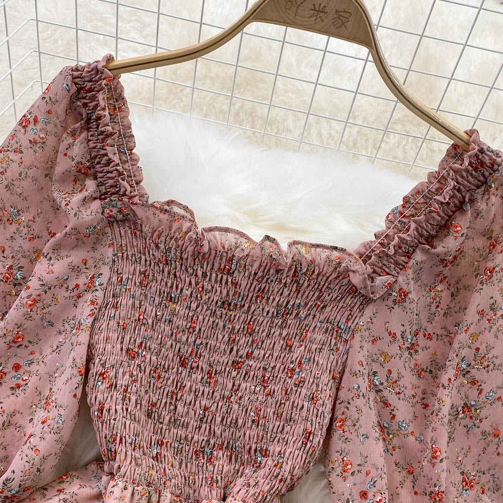 Square Collar Floral Chiffon Dress