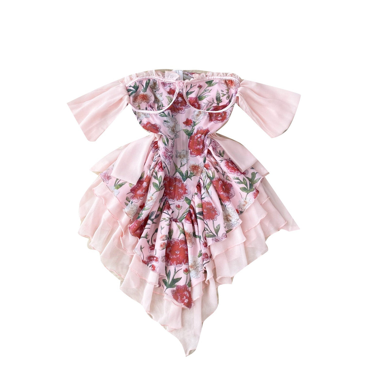 Strapless Ruffle Layered Floral Dress