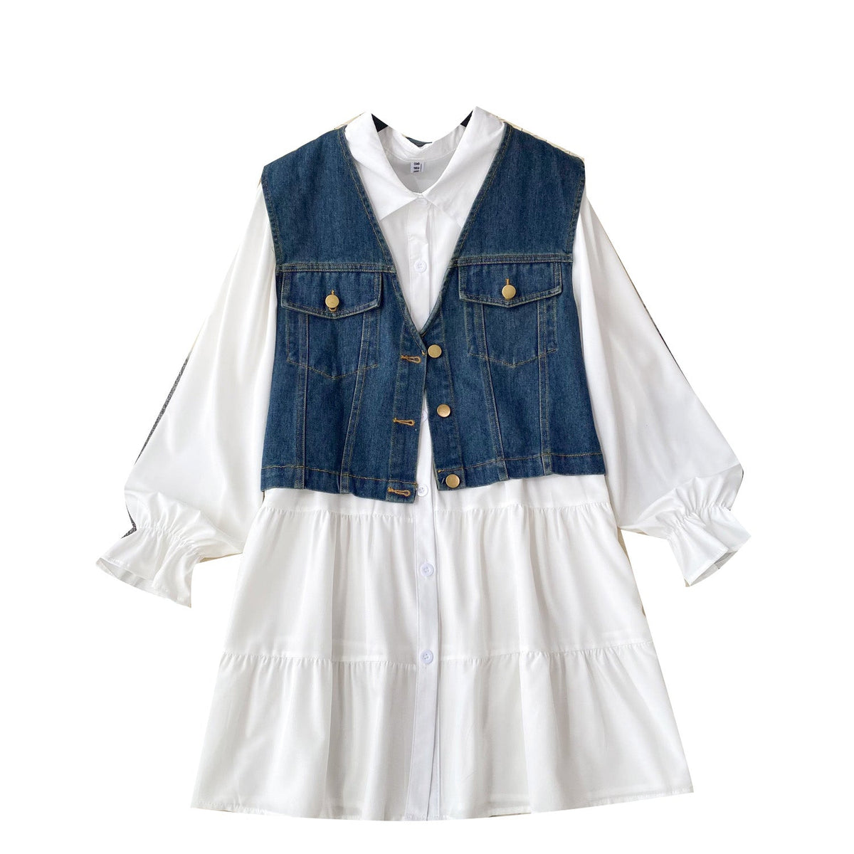 Denim Vest&White Shirt Dress 2Pcs