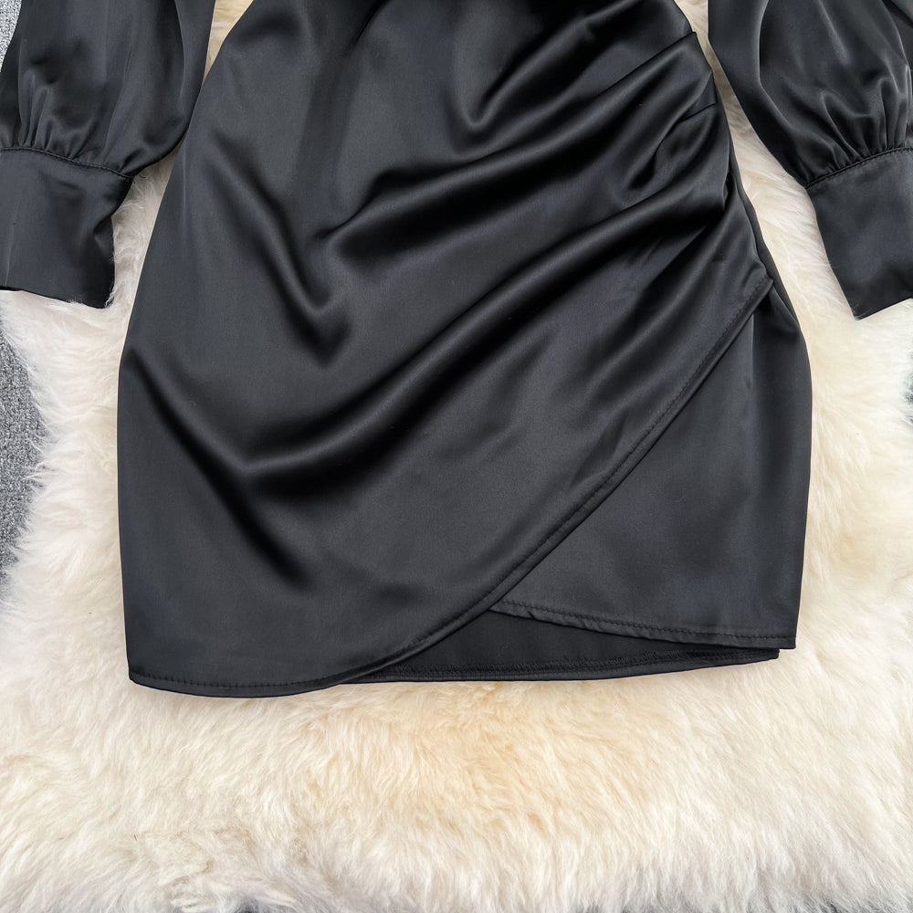 Acetate Satin V-neck Pleated Black Dress