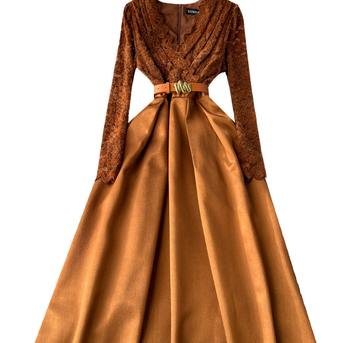 V-neck Lace Patchwork Pleated Dress