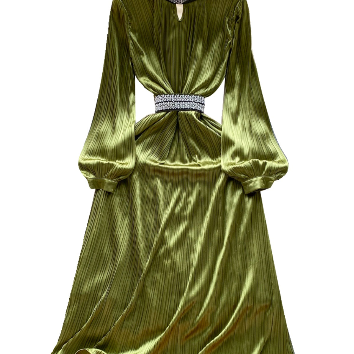 Stand Collar Beaded Stain Dress