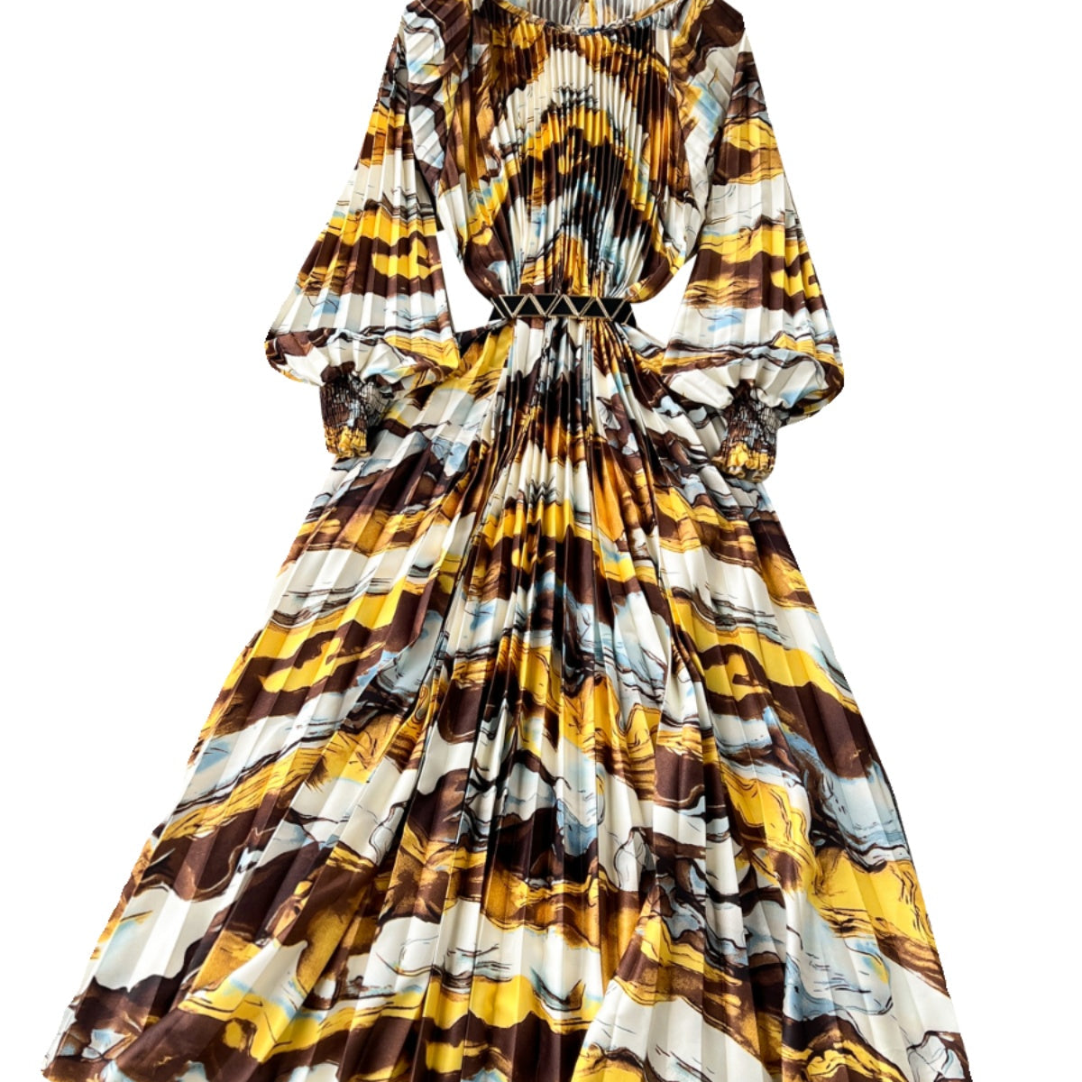Puffy Sleeve Pleated Printed Dress