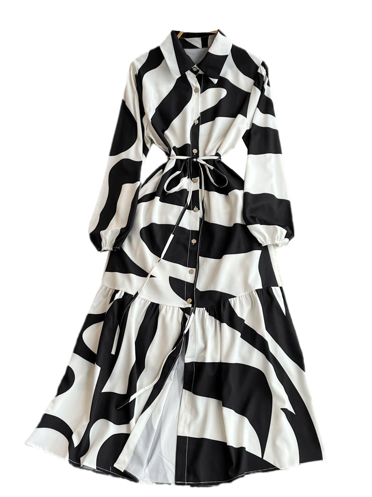Elegant Tie-dye Printed Shirt Dress