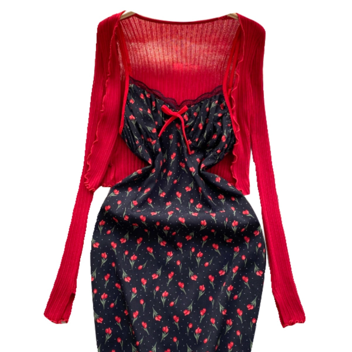 Floral Slip Dress&Red Cardigan 2Pcs
