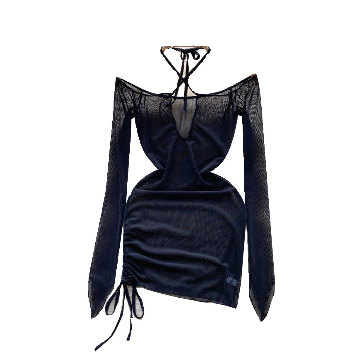 Drawstring Black Mesh Halter Dress